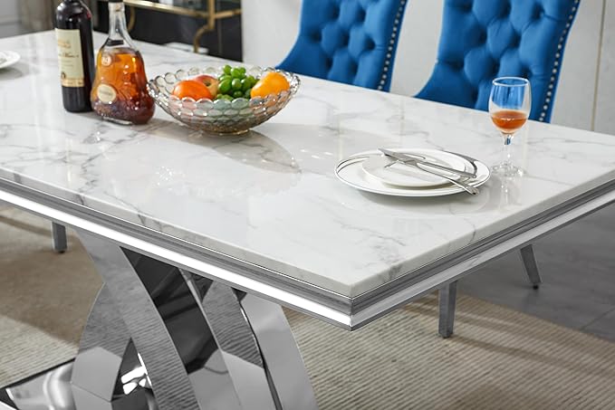 Goujxcy 7-Piece Dining Table Set Modern Faux Marble Dining Table Set for 6, Luxury 68" Long Faux Marble Kitchen Table with 6 Velvet Upholstered Chairs & Mirrored Stainless Steel Base