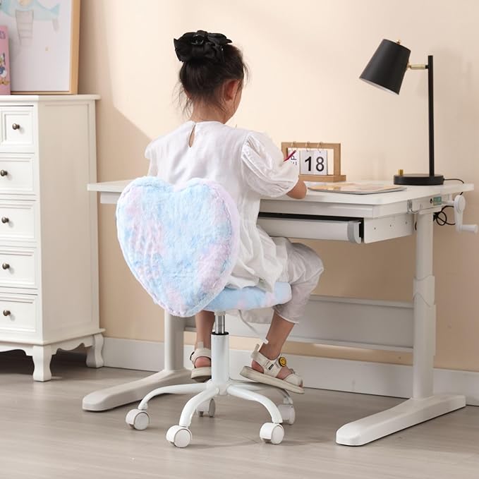 Kids Desk Chair Girls Students Study Chair Adjustable Computer Chair Furry Swivel Office Reading Chairs Child Cute Heart Back Chairs for Home/Bedroom/School/Dorm/Vanity, Blue
