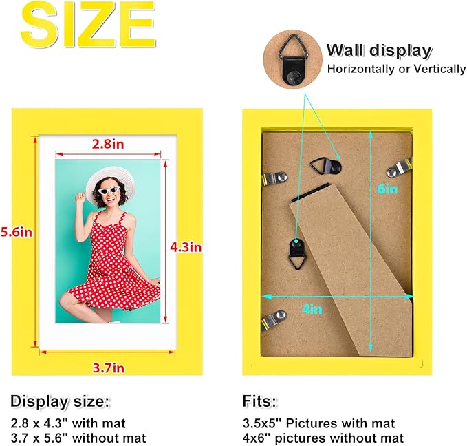 KINLINK 4x6 Picture Frames Yellow, Solid Wood Frames with Acrylic Plexiglass for 3.5x5 with Mat or 4x6 without Mat, Tabletop and Wall Display Photo Frame, Set of 4