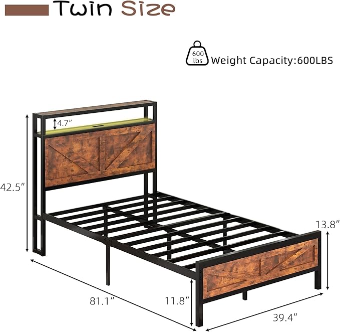Twin Bed Frame with Charging Station and LED Lights, Twin Size Metal Platform Bed Frame with Storage and Rustic Barn Door Headboard, Heavy Duty Steel Slats Support, No Box Spring Needed, Rustic Brown