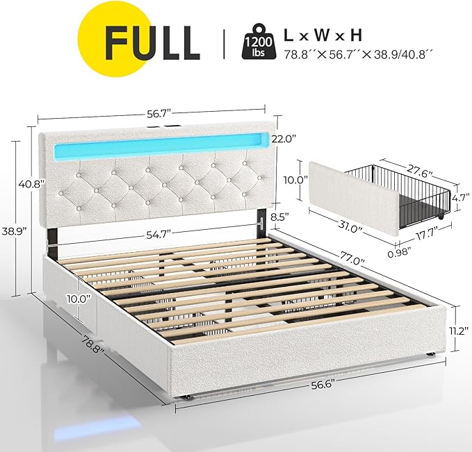 Rolanstar Full Size Bed Frame with Charging Station and LED Lights, Upholstered Bed with Adjustable Headboard and 4 Storage Drawers, No Box Spring Needed, Easy Assembly, White