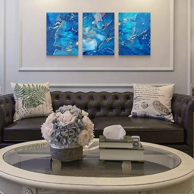 MHARTK66 Canvas Wall Art For Living Room Wall Decorations For Bedroom Modern Bathroom Wall Decor Painting Blue Abstract Pictures Artwork Inspirational Canvas Art Prints Kitchen Home Decor 3 Pieces