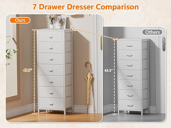 Furnulem White Tall Dresser for Bedroom with 7 Drawers, Vertical Chest of Drawer in Closet, Nightstand Storage Tower Unit Organizer with Fabric Bins for Dorm,Living Room,Entryway,Hallyway