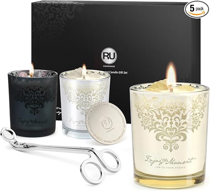 Scented Candle Gift Set – 3 Pack Luxury Crystal Candles with Lid & Wick Trimmer, Soy & Beeswax with CPL Oils | Relaxation, Meditation, Self-Care Gift for Women, Home Décor