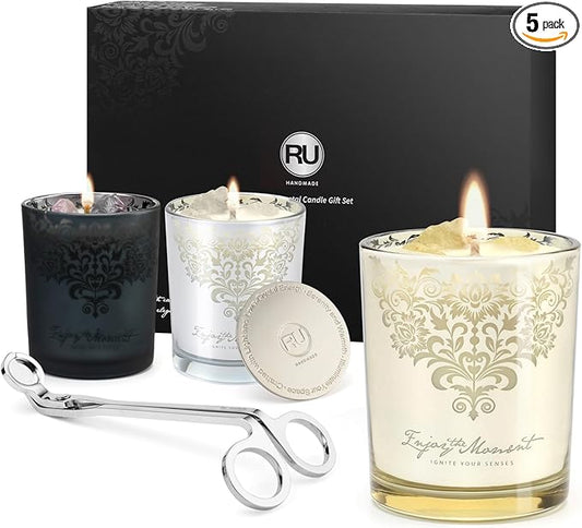 Scented Candle Gift Set – 3 Pack Luxury Crystal Candles with Lid & Wick Trimmer, Soy & Beeswax with CPL Oils | Relaxation, Meditation, Self-Care Gift for Women, Home Décor