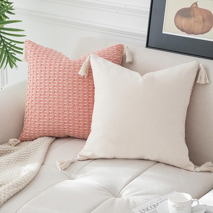 sykting Boho Outdoor Pillow Covers 20x20 Set of 2 Thick Woven Pink Throw Pillow Covers with Tassels for Couch Sofa Living Room