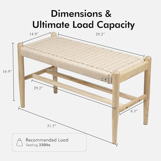 Solid Wood Entryway Bench with Shoe Storage, Rustic Oak Wood and Woven Design 31.5 Inch Long Seating for Living and Dining Rooms,Nature