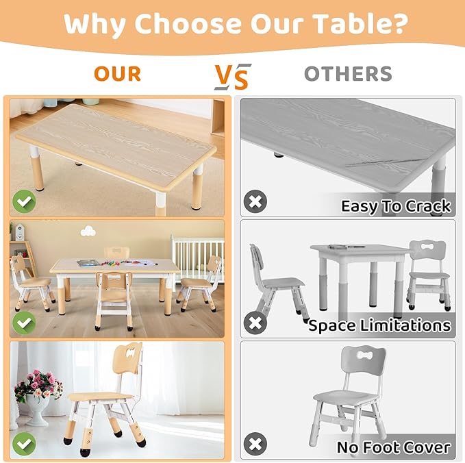 Arlopu Kids Table and 4 Chair Set, Height Adjustable Toddler Table and Chair Set, Non-Slip Legs, Graffiti Desktop, Large Children Activity Table, Reading Daycare Classroom Home (Beige)
