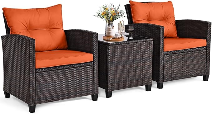 RELAX4LIFE 3 Piece Patio Furniture Set, Wicker Bistro Conversation Set w/2 Cushioned Armchairs & Glass Topped Table, Outdoor Rattan Sofa Set Patio Furniture for Porch Balcony Poolside (Orange)