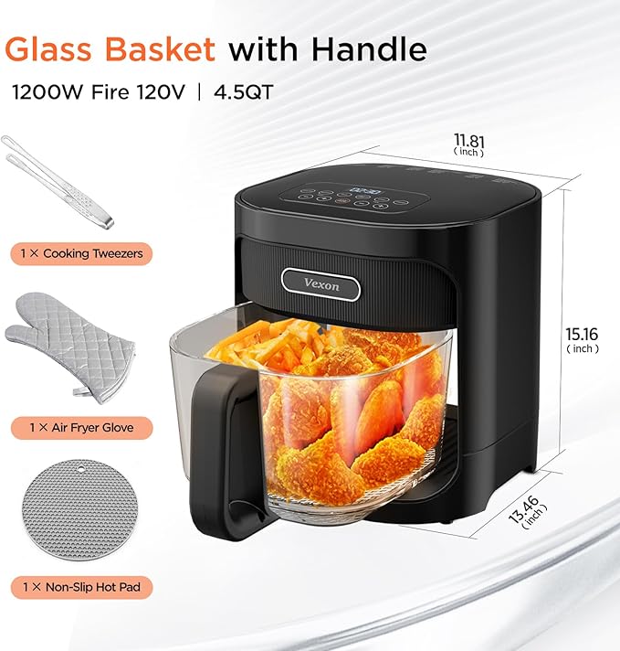 Vexon 4.5L Glass Air Fryer ,Clear Viewing Window ,Easy-to-Clean Basket ,Multiple Cooking Modes ,User-Friendly Digital Controls (Black)