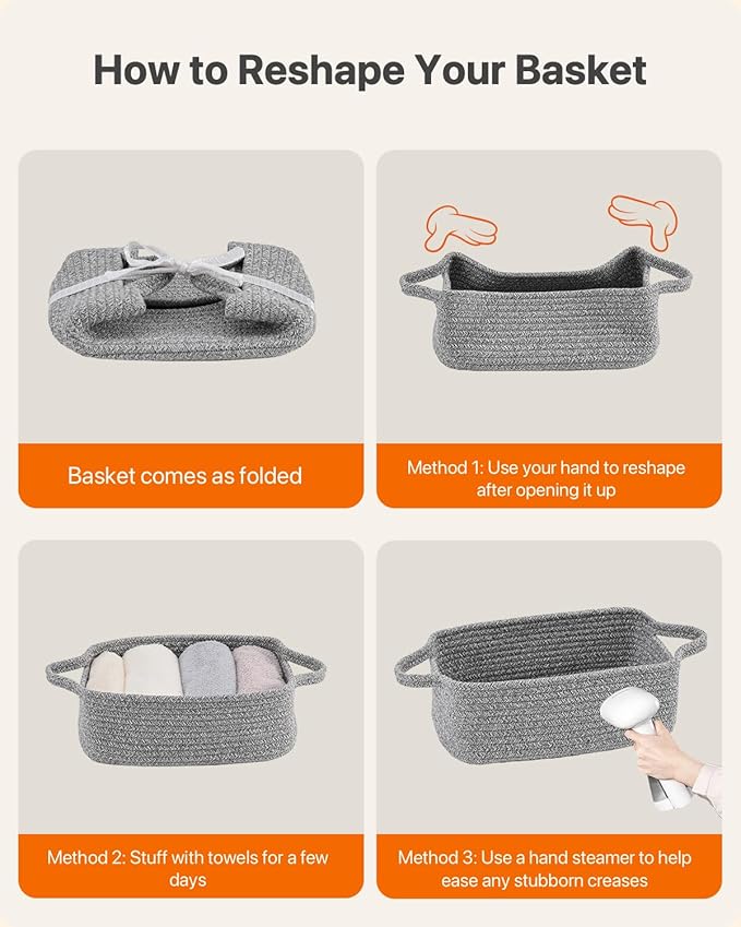 KALLAX Small Woven Basket, 12 x 8 x 4.5 Inches, Small Storage Baskets for Organizing, Gift Baskets Empty, Cute Rope Shelf Closet Storage Bins for Shelves, Dog Toy Basket, 3 Packs, Mixed Grey
