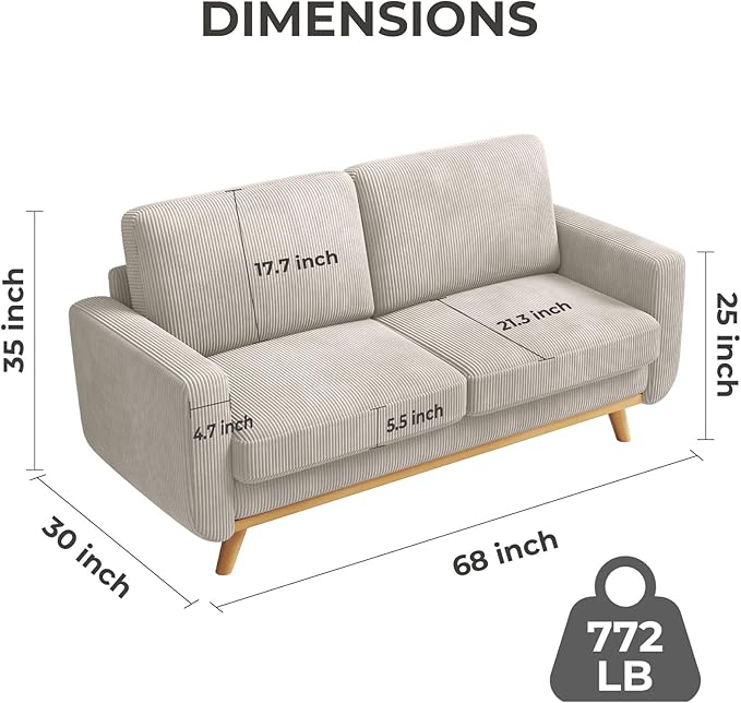 Vesgantti 68" Loveseat Sofa Light Grey, Comfy Corduroy Couch with Spring Cushion and Solid Wood, Modern Deep Seat for Bedroom, Living Room, Office