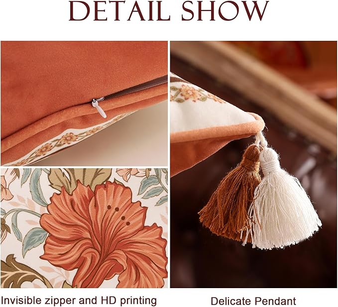 Throw Pillow Covers Pack of 4,Orange Floral Farmhouse with Wild Flowers Pattern Cozy Velvet Pillowcases,Decoration Square Lumbar Round Pillows Cushion Covers for Couch Bed Chair