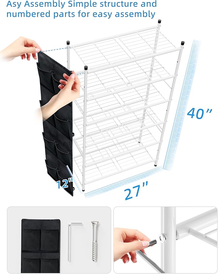 6-Tier Shoe Rack, 27" Wide Shoe Organizer for Closet, 24 Pairs Large Metal Shoe Shelf, Entryway, Bedroom, White