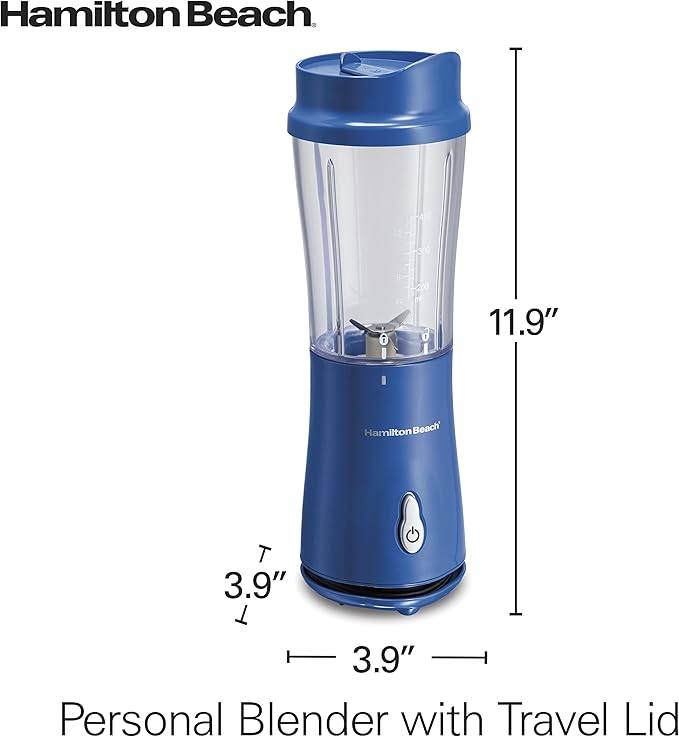 Hamilton Beach Portable Blender for Shakes and Smoothies, 14 Oz BPA Free Travel Cup & Lid, Durable Stainless Steel Blades, Personal Smoothie Blender, Blue (51132)