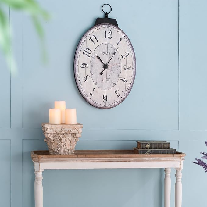 18" x 29" Rustic Farmhouse Oval Wall Clock, Solid Wood Silent Non-Ticking, Battery Operated Decorative Clock for Living Room, Kitchen, Bedroom, Office and Home Decor