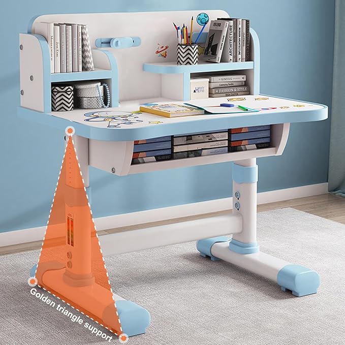 Children Learning Desk and Chair Set, Children Study Desk with Chair,Kids Widened Desktop Cartoon Pattern Desk Chair, Suitable for Reading, Learning, Writing, Painting, Etc Blue(Blue-B)