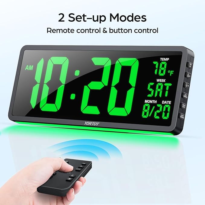 YORTOT 16β Large Digital Wall Clock with Remote Control and 7 Night Lights, 4 Level Dimmer, Super Easy to See, Big LED Clock with Indoor Temperature, Date, Perfect for Home, Office, Gym (Green)