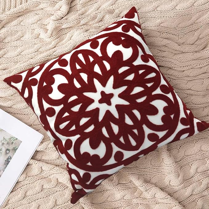 Alysheer Embroidered Decorative Throw Pillow Cover 18x18 inch, Classic Boho Mandala Knit Pattern, Cozy Soft 100% Cotton Canvas Fall Cushion Case for Sofa Couch Living Room (Burgundy Red)