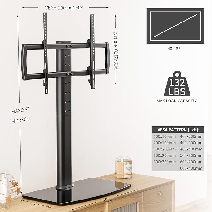 Universal Swivel TV Stand/Base Table Top Stand 40 to 86 inch TVs 110 Degree Swivel, 5 Level Height Adjustable, Heavy Duty Tempered Glass Base, Holds up 132lbs Screens, HT04B-003