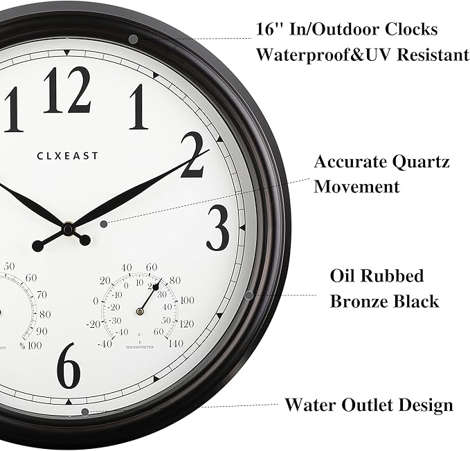 CLXEAST Indoor Outdoor Clocks Waterproof 16 Inch, Large Outdoor Clock with Temperature and Humidity for Patio,Porch,Pool,Oil Rubbed Bronze Black Finish,House Warming Gifts New Home
