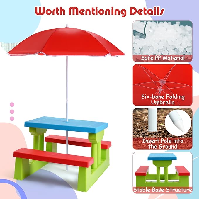 DORTALA Kids Picnic Table, Outdoor Toddler Table and Bench Set with Removable Umbrella, Plastic Kids Activity Table Set for Backyard, Garden, Nursery, Gift for Boys Girls Age 3+, Red