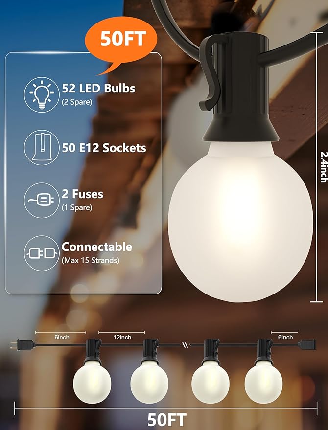 SUNSGNE G40 Outdoor String Lights Waterproof, 50FT Outdoor Hanging Lights with 52 Globe Frosted White LED Bulbs(2 Spare), String Lights for Outside Patio Tent Porch Garden Backyard Balcony Deck Decor