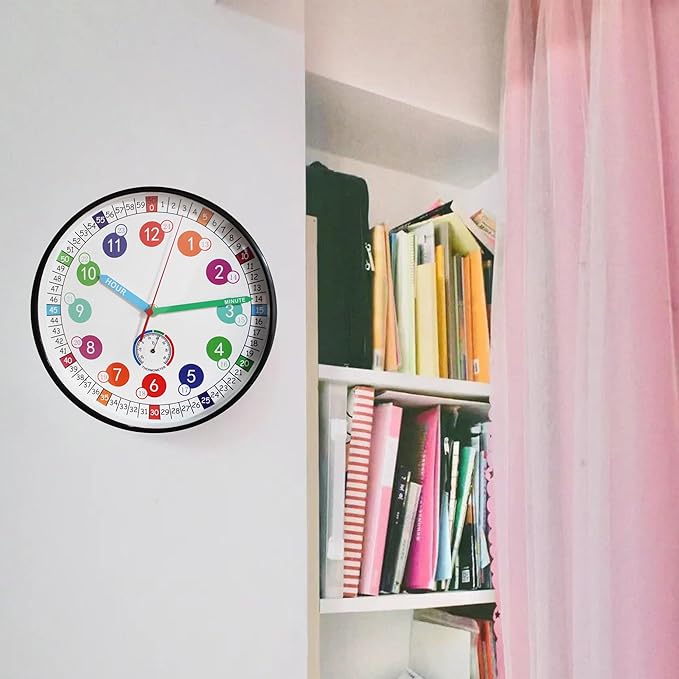 Wall Clocks,10Inch Learning Time Clock, Colorful Clock Face Silent Clocks with Simple Thermometer,Clear Digital Wall Clock (Black)