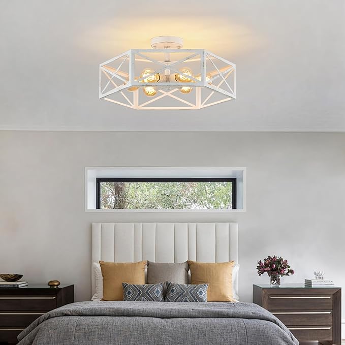 White Flush Mount Ceiling Light, 6 Light Flush Mount Light Fixture, Modern Close to Ceiling Light with Metal Hexagon Cage, Farmhouse Light Fixture for Hallway, Kitchen, Bedroom