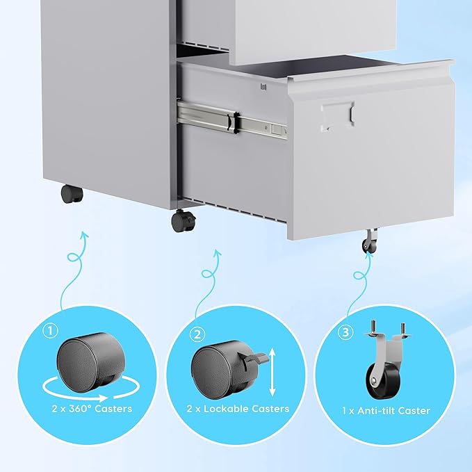 Aobabo 2 Drawer File Cabinet with Wheels, Lockable Metal Filing Cabinet with Business Card Slot for Legal/Letter Size for Home Office, Required Assembled,White