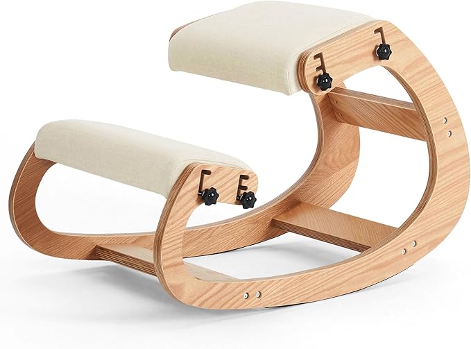 Ergonomic Kneeling Chair,Adjustable Rocking Knee Chair for Home Office,Wooden Office Chair for Back Pain Relief, Beige