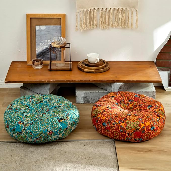 vctops Boho Cotton Linen Round Chair Seat Cushions for Dining Kitchen Office Chairs Patio Super Soft Printed Chair Pads Floor Pillow (Orange,22"x22")