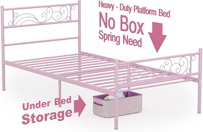 Weehom Metal Bed Frame Twin with Bed Storage,No Box Spring Needed,Heavy Duty Steel Slats Support for Boys Girls Teens Students Adults Pink