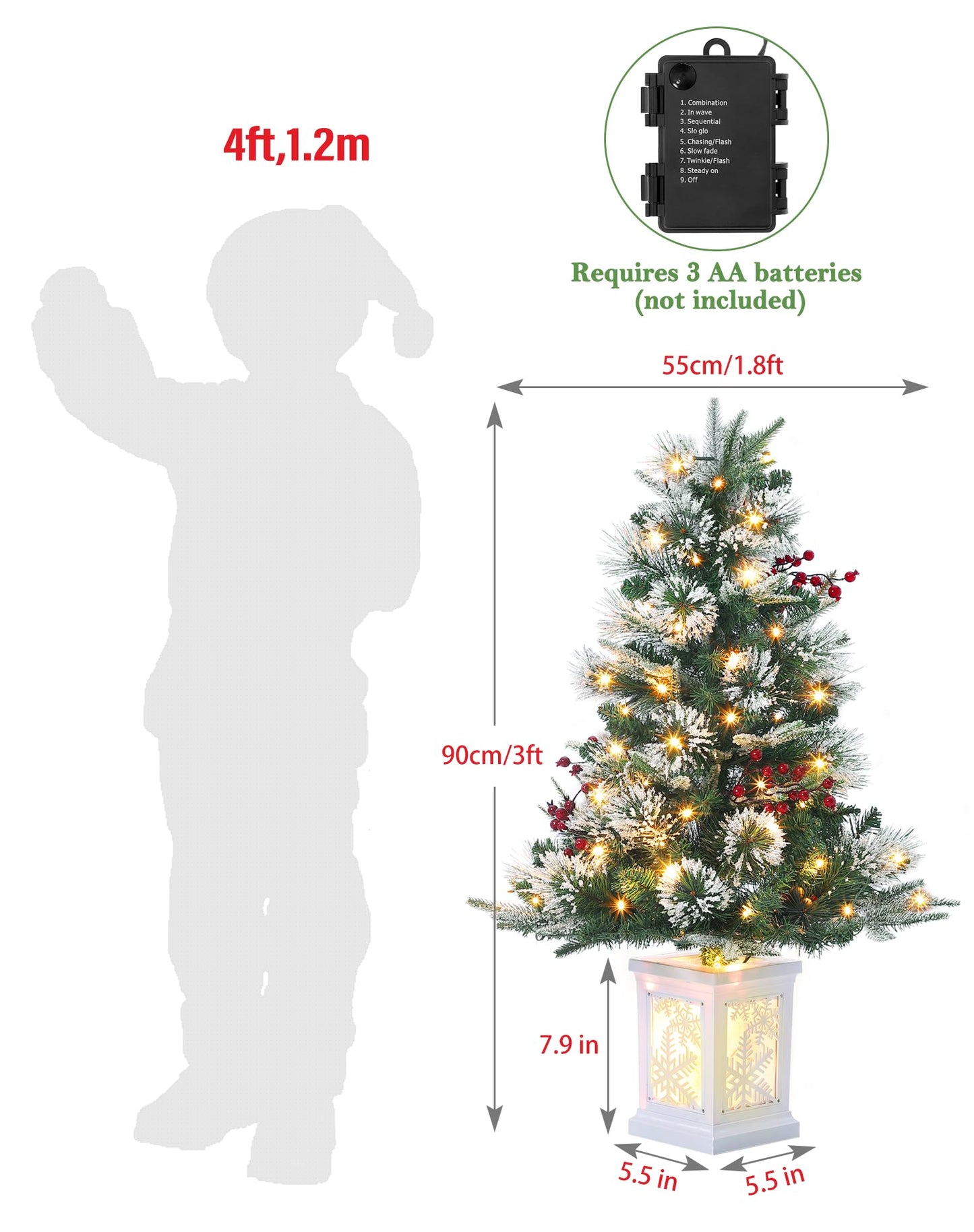 3FT Prelit Premium Snow Flocked Artificial Christmas Tree with Warm White LED, Mini Prelit Xmas Pine Tree for Christmas Decoration,Yard,Home,Office,Outdoor,Indoor,8 Mode Snowflake White Base- 1PC