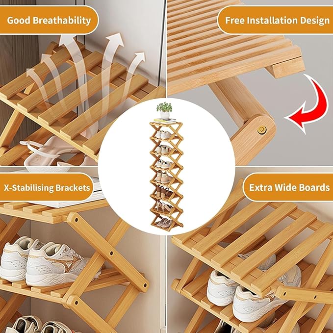 YYW Bamboo Shoe Rack for Entryway,Installation-Free and Foldable Vertical Shoe Storage Organizer,Free Standing Shoe Racks Shelf Closet Shoe Organizer for Living Room (Tawny-8 Layers)