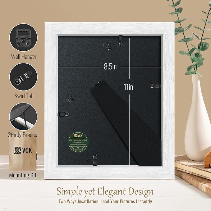 VCK 8.5x11 Picture Frame Set of 4 - White, Gallery-Quality Wood Poster Frames, 1.1-Inch Wide Border, Polished Plexiglass, Vertical or Horizontal Wall & Tabletop Display for Photo/Art/Prints, White