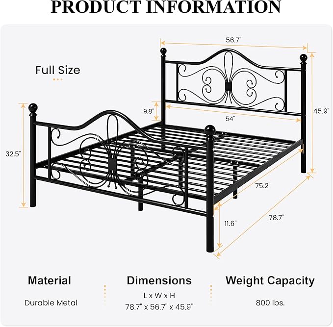 SHA CERLIN Full Size Bed Frame with Headboard,Metal Bed Frame with Butterfly Pattern Design Headboard & Footboard,No Box Spring Needed,Easy Assembly,Black