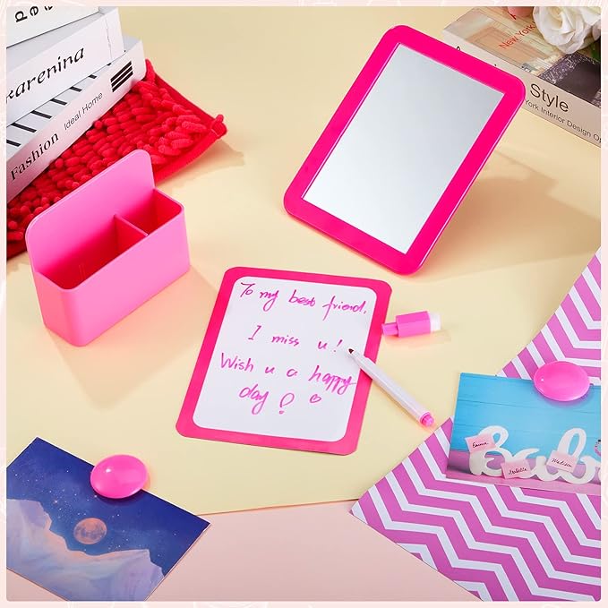 Locker Accessories Kit Back to School Essentials Include Magnetic Wallpaper Mirror Locker Carpet Whiteboard with Dry Erase Marker and Locker Organizer Supplies for Girls School Office (Rose Red, Pink)