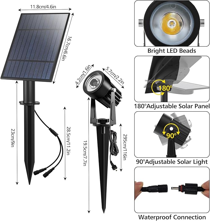 T-SUN Solar Spotlights 2W Outdoor LED Landscape Spot Light, 2-in-1 Waterproof Solar Powered Wall Lights Auto ON/Off with Dual Headlamp for Garden, Yard, Pathway(Warm White)