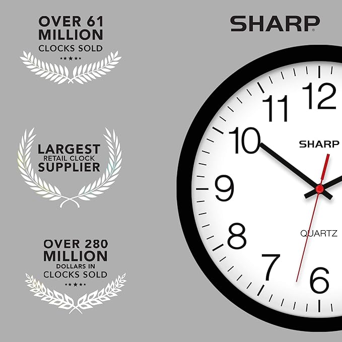 Sharp Wall Clock – Black, Silent Non Ticking 12 Inch Quality Quartz Battery Operated Round Easy to Read Home/Kitchen/Office/Classroom/School Clocks, Sweep Movement