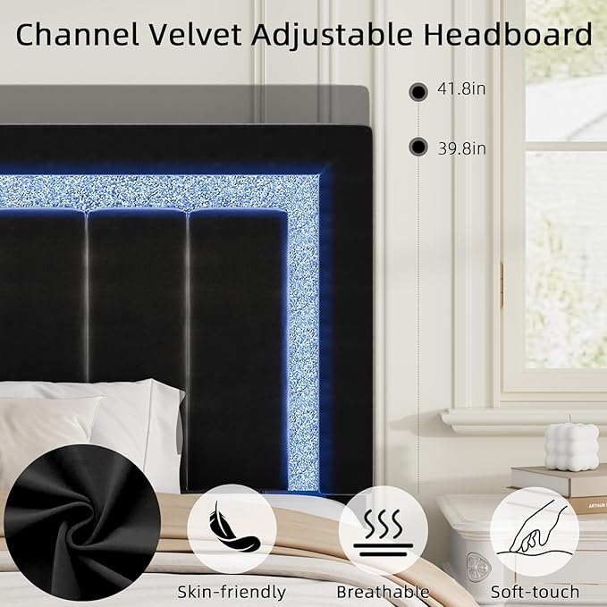 HOMBCK King Size Bed Frame with LED Lights and Velvet Upholstered Headboard, Bed Frame King with Modern Diamond Headboard Adjustable, Wooden Slats Support, Noise Free, No Box Spring Needed, Black