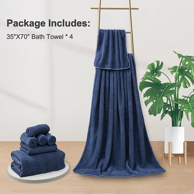 4 Piece Oversized Bath Towels Set 35x70 Inches, Navy Extra Large Soft Bath Sheet Chair Towels 600 GSM Highly Absorbent Quick Dry Towels Set for Bathroom Hotel Spa