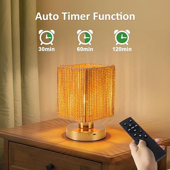 Rattan Table Lamp, 6000mah Battery Operated Table Lamp, Boho Small Desk Lamp, 3 Brightness Dimming for Bedroom Living Room Kids Room Touch Switch, Bulb Included
