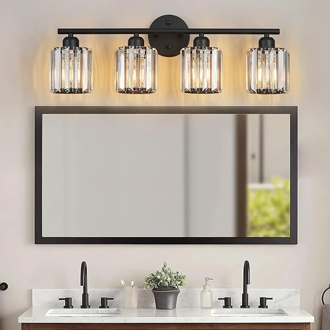 Modern 4 Light Crystal Vanity Light, Black Vertical Bathroom Light Fixture Over Mirror for Dressing Table Sink, Compatible with Dimmable Bulbs (Bulbs Not Included)