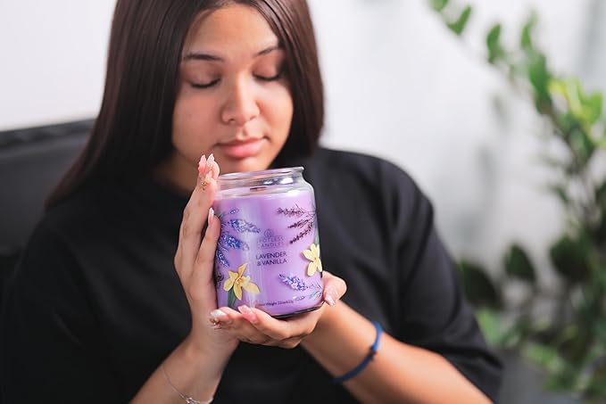 Vanilla & Lavender Candle 22oz Glass Jar with Wooden Wick in a Decorated Jar Within a Presentation Gift Box and Protective Shipping Box