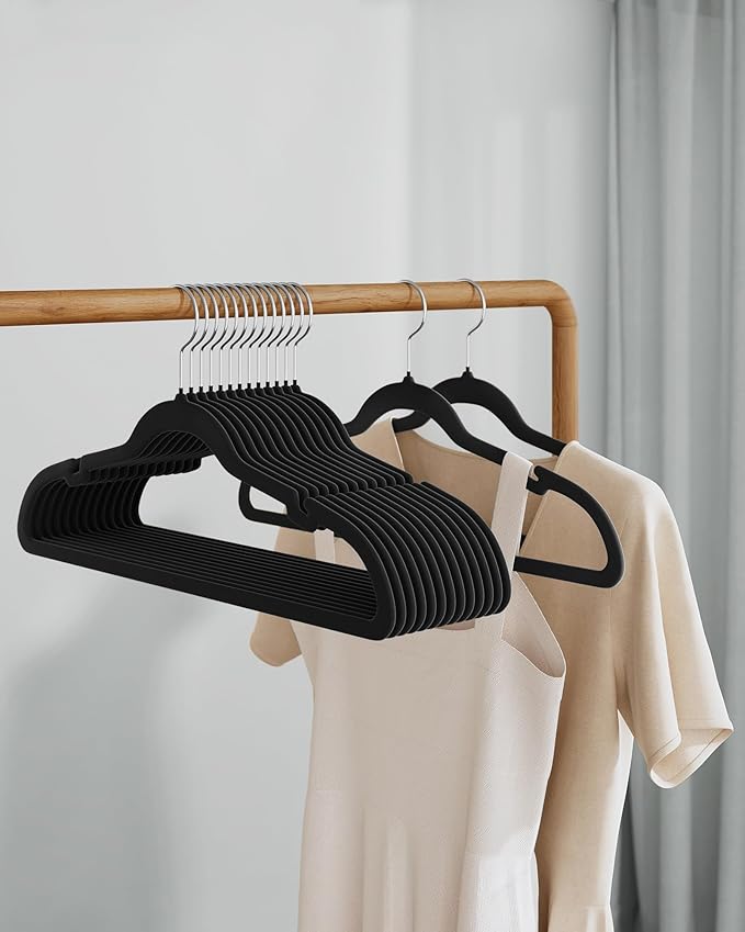 SONGMICS Velvet Hangers 60 Pack, Non-Slip Clothes Hangers, Suit Hangers with Shoulder Notches, Pants Bar, 360° Swivel Hook, Space-Saving, for Closet, Ink Black UCRF030B01