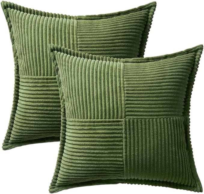 MIULEE Decorative Throw Pillow Covers for Couch Bed Livingroom 18x18 Inch Set of 2 Moss Green Boho Accent Throw Pllows Broadside Striped Patchwork Soft Corduroy Summer Pillowcases