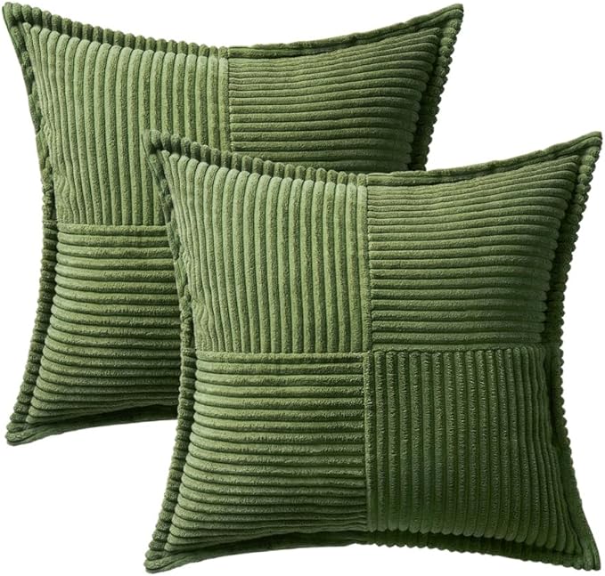 MIULEE Decorative Throw Pillow Covers for Couch Bed Livingroom 20x20 Inch Set of 2 Moss Green Boho Accent Throw Pllows Broadside Striped Patchwork Soft Corduroy Summer Pillowcases