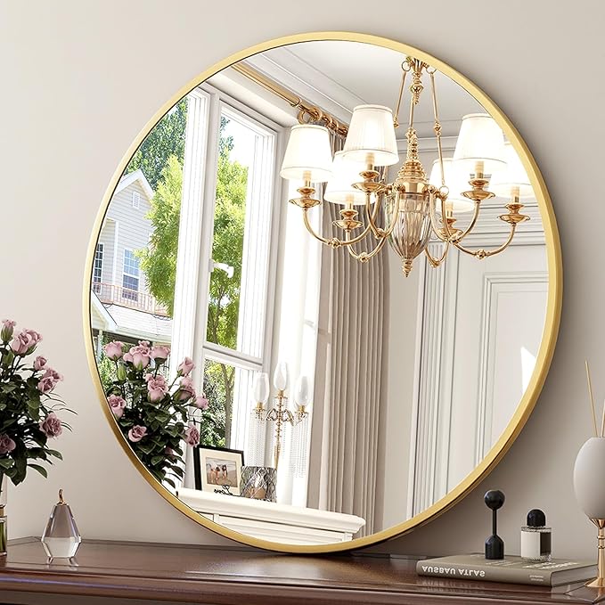 32 Inch Round Gold Metal Wall Mirror - Stylish Circle Mirror for Entryway, Bathroom, and Living Room Decor | Matte Gold Circle Wall Mirror