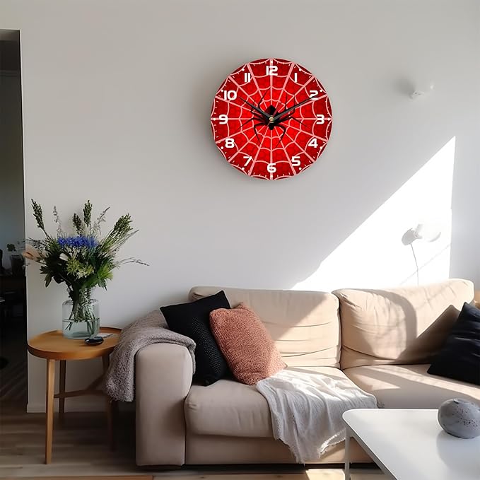 Wall Clock, 10 Inch Silent Non-Ticking Home Kitchen Decor, Battery Operated for Bathroom Bedroom Living Room Office(Red Spider Web)